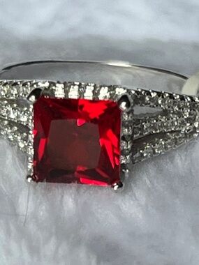 Charmed Aroma Red Square-Cut Crystal Ring with Pave Band